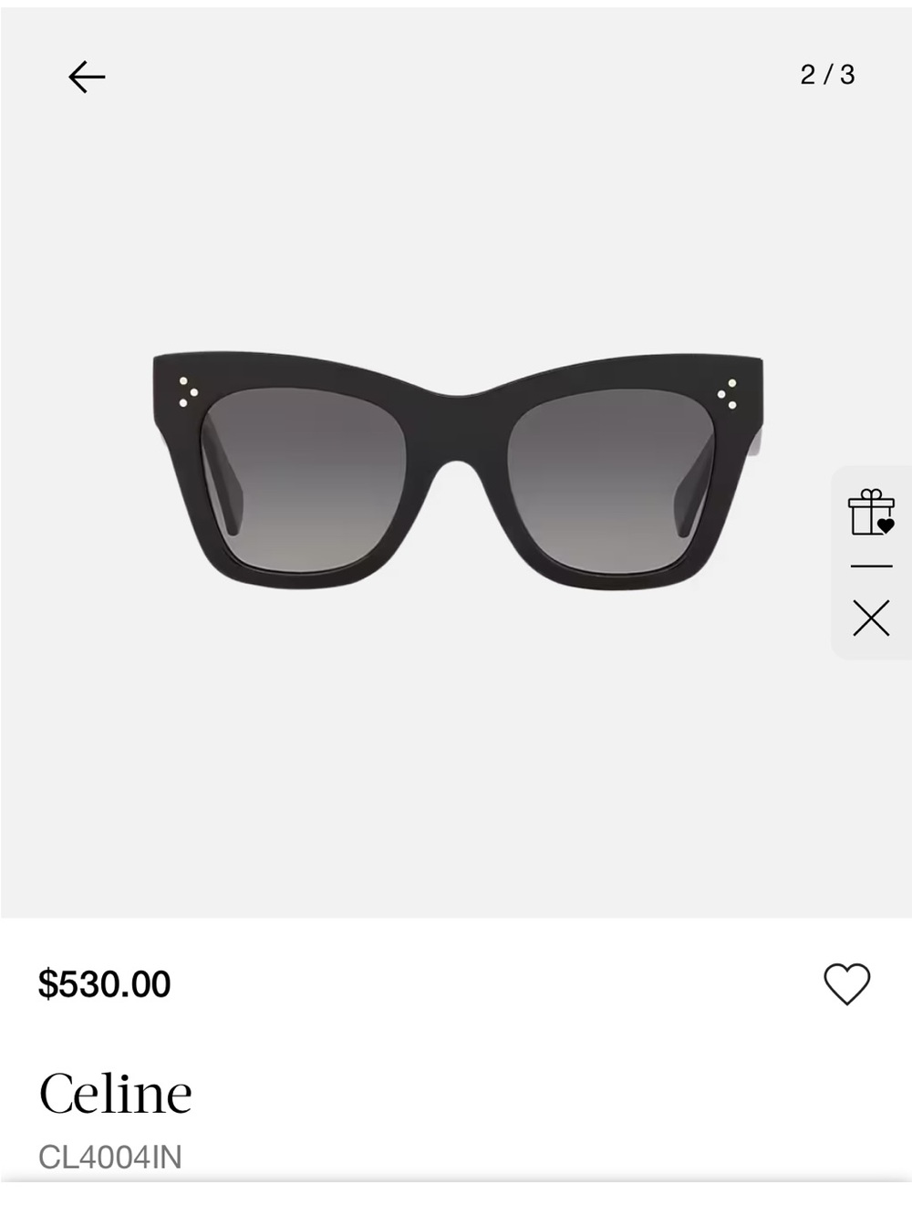 Celine Black Cat-Eye Sunglasses with Gradient Gray Lenses